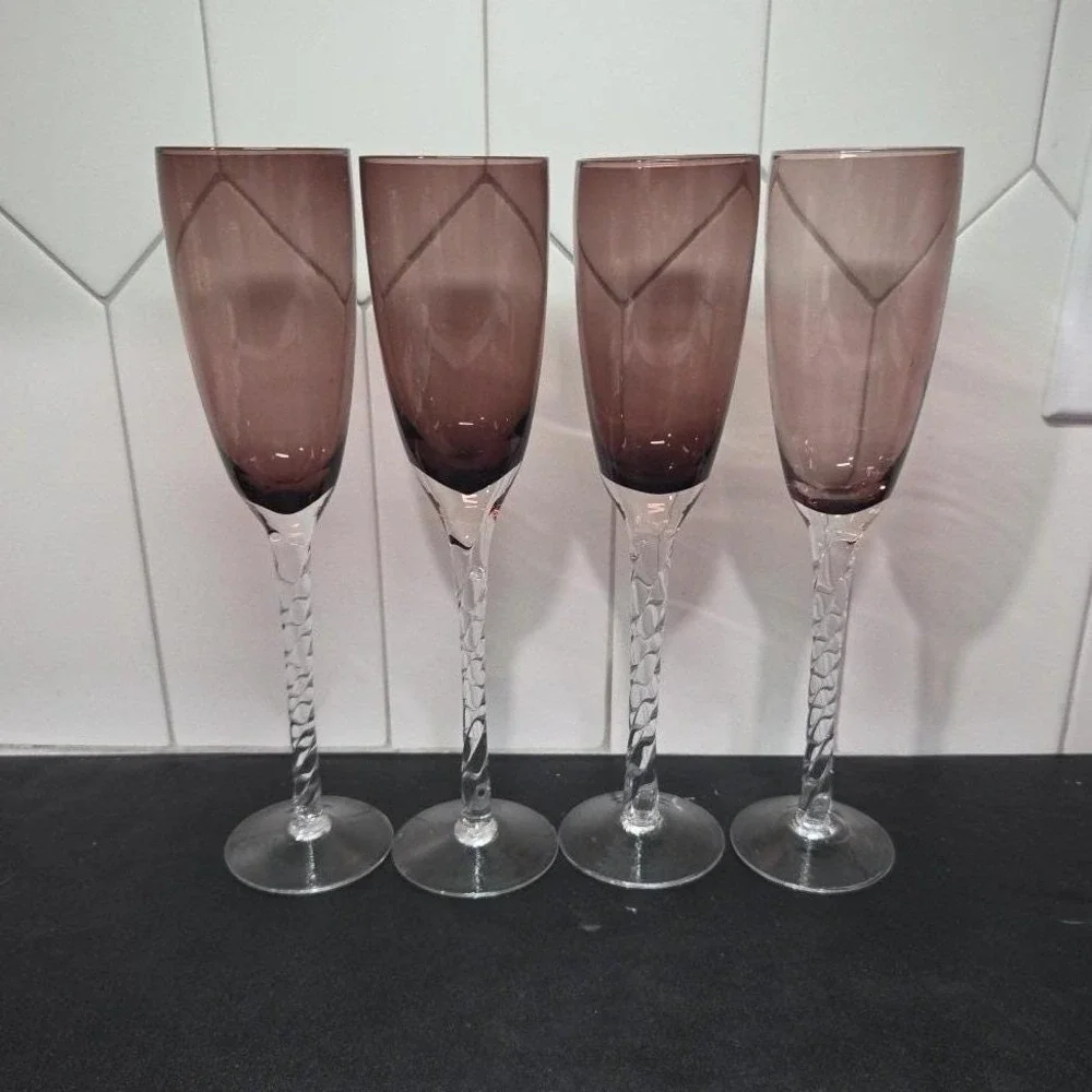 Pier 1 Amethyst Purple Champagne Flutes, Set of 4, Vintage Twisted Stem Stemware